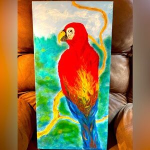 One of a Kind Oil Painting of Red and Blue Parrot